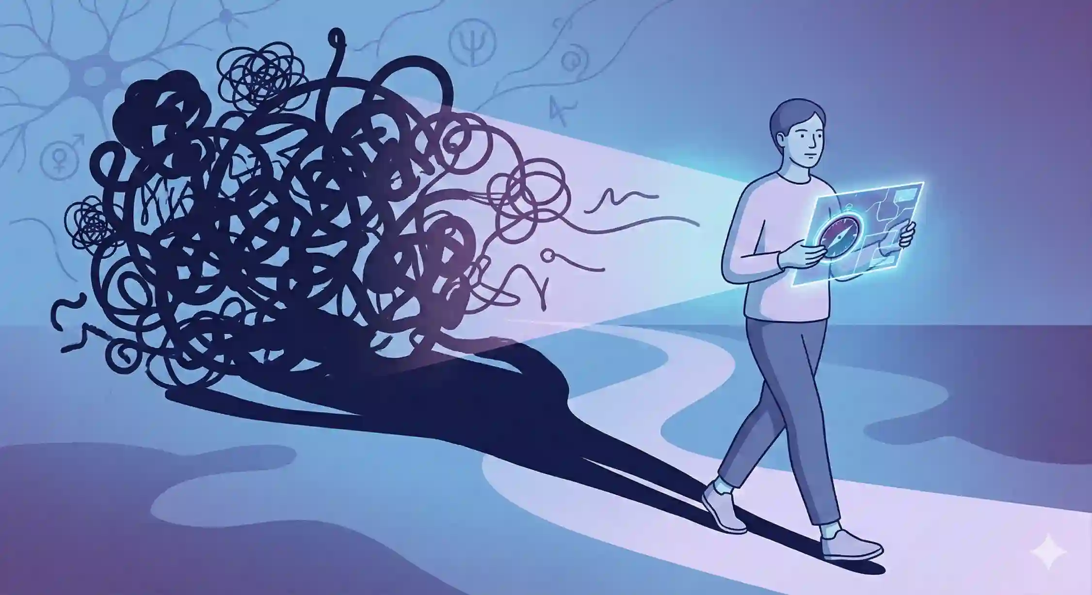 تصویر مفهومی نشان دهنده اضطراب پنهان به شکل یک سایه بزرگ و ابزار علمی روانشناختی برای شناخت و ریشهیابی آن.