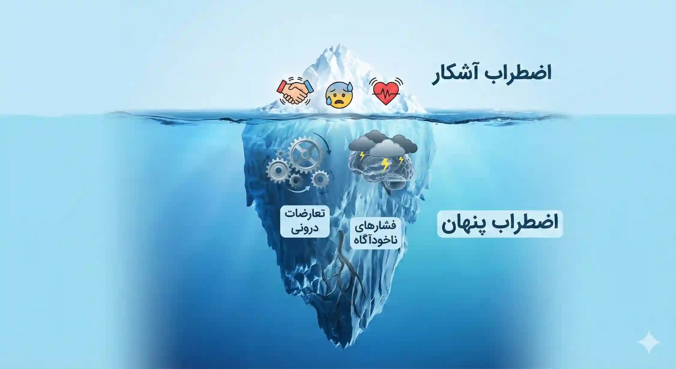 اینفوگرافیک مدل کوه یخ که تفاوت بین علائم اضطراب آشکار (بالای آب) و ریشههای عمیق اضطراب پنهان (زیر آب) را نشان میدهد.