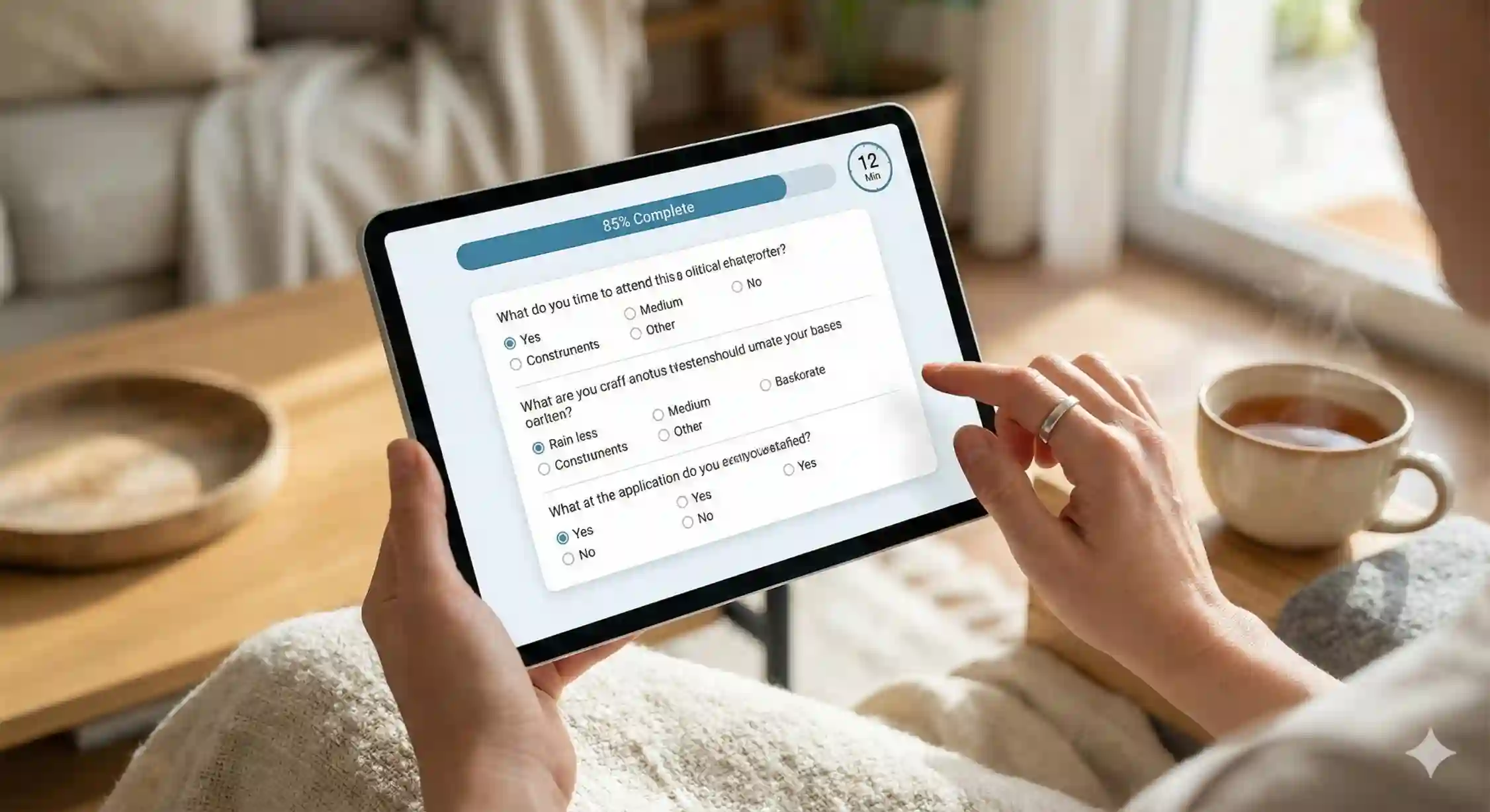 نمای نزدیک از فردی در حال پاسخگویی راحت و سریع به سوالات پرسشنامه آنلاین اضطراب روی تبلت در محیط خانه.