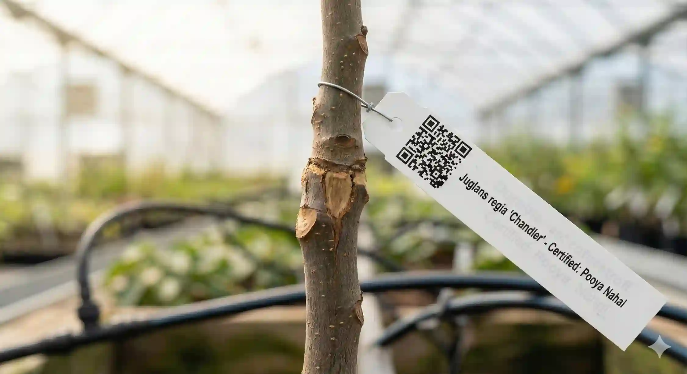 نمای نزدیک از محل پیوند نهال گردو اصلاح شده با لیبل شناسنامه در نهالستان پویا نهال.